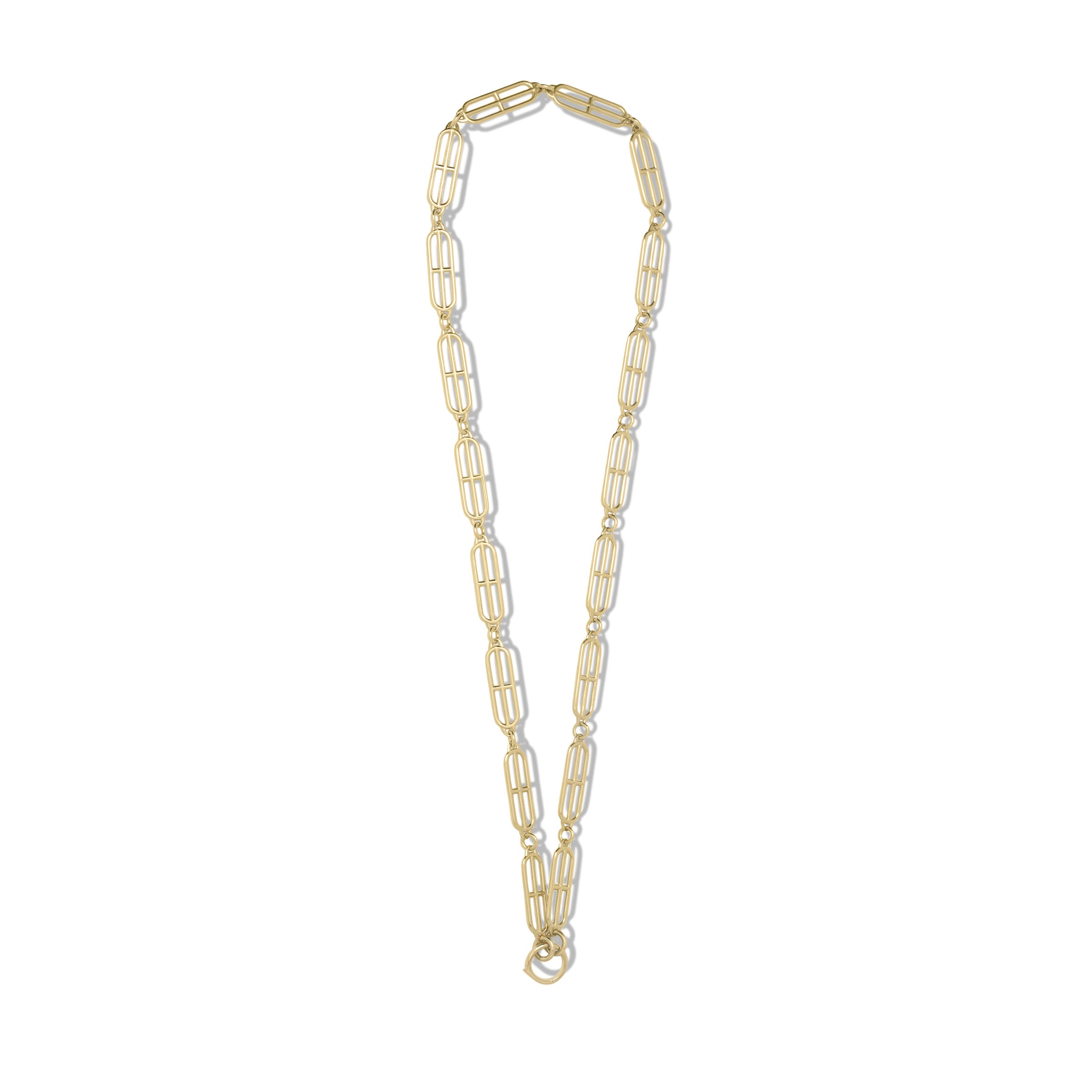 Geometric Paperclip chain in 14k solid gold, top view with white background